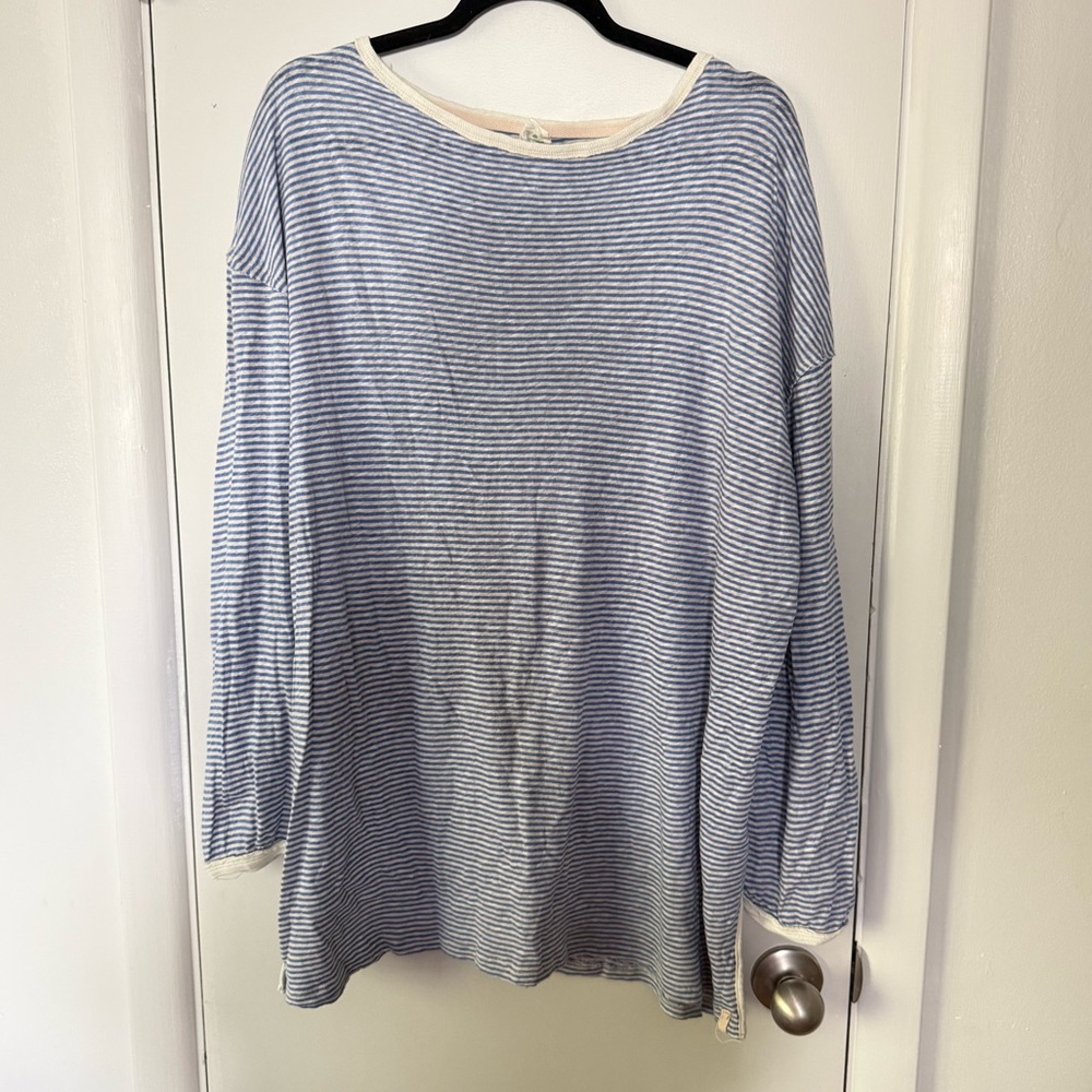 We The Free Blue & Cream Veronica Striped Long Sleeve Linen Blend Top Small
